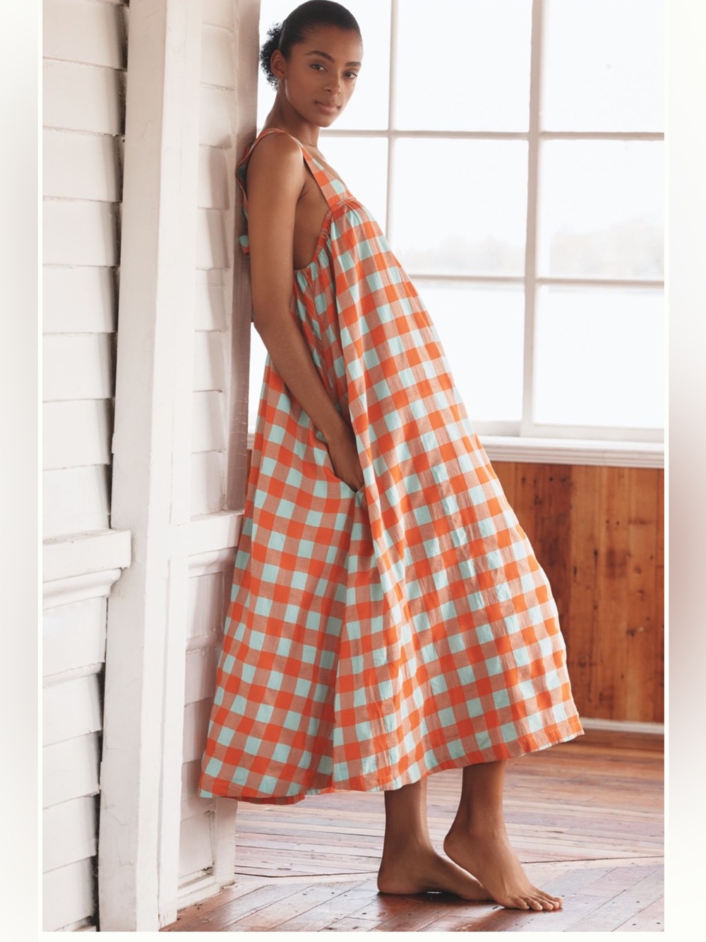 Anthropologie Tie-Back Midi Apron Nap Dress in orange and light green Gingham. M - Picture 5 of 6